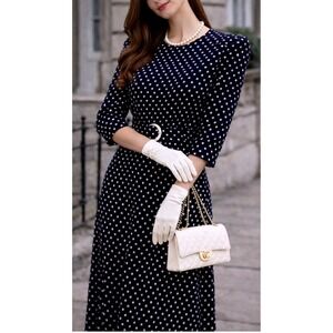 VTG RRRD Navy Polka Dot Midi Belted Dress 3/4 Sleeve Shoulder Pads Women's Sz 12